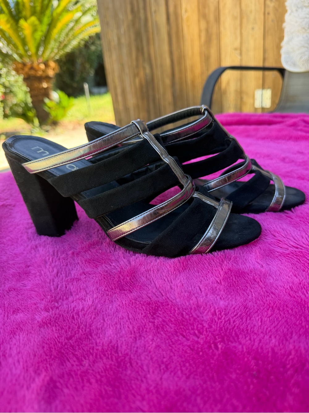 Moca Black & Metallic Silver Strappy Block Heel Sandals – Size 10
